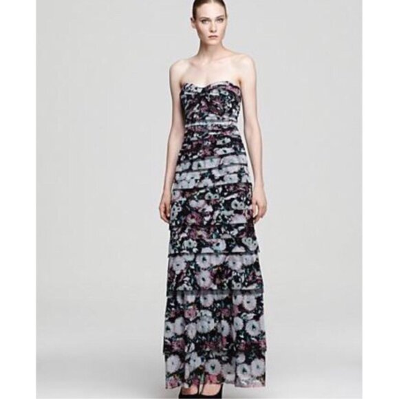 BCBG MaxAzria 8 Erica Strapless Tiered Maxi Dress Gown Purple Floral Whimsigoth - Picture 11 of 12